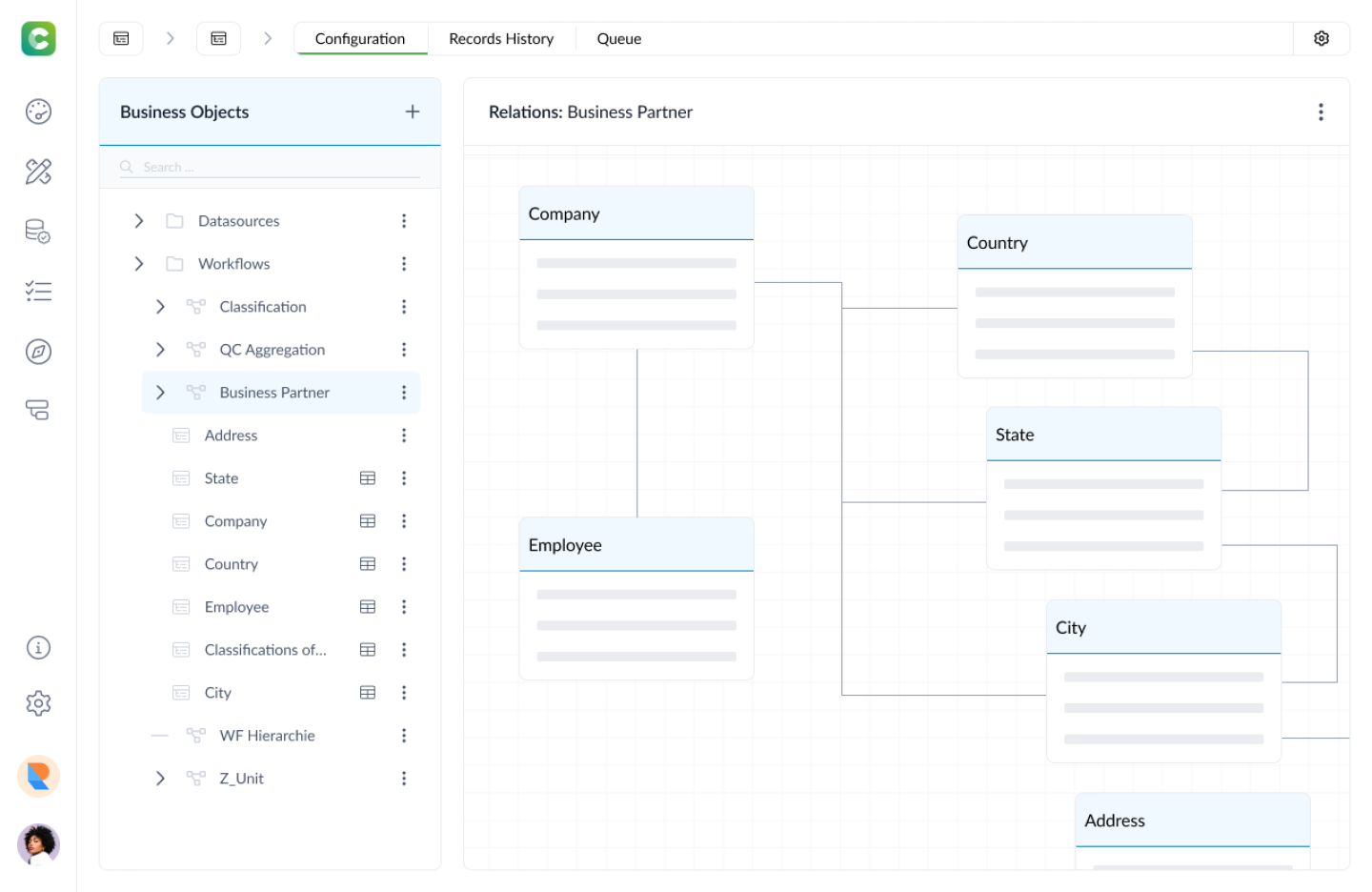 Das Bild zeigt die Übersicht von Geschäftsobjekten (Business Objects) in einer linken Tabelle und davon rechts dieRelationen innerhalb der Geschäftsobjekte in DATAROCKET Core