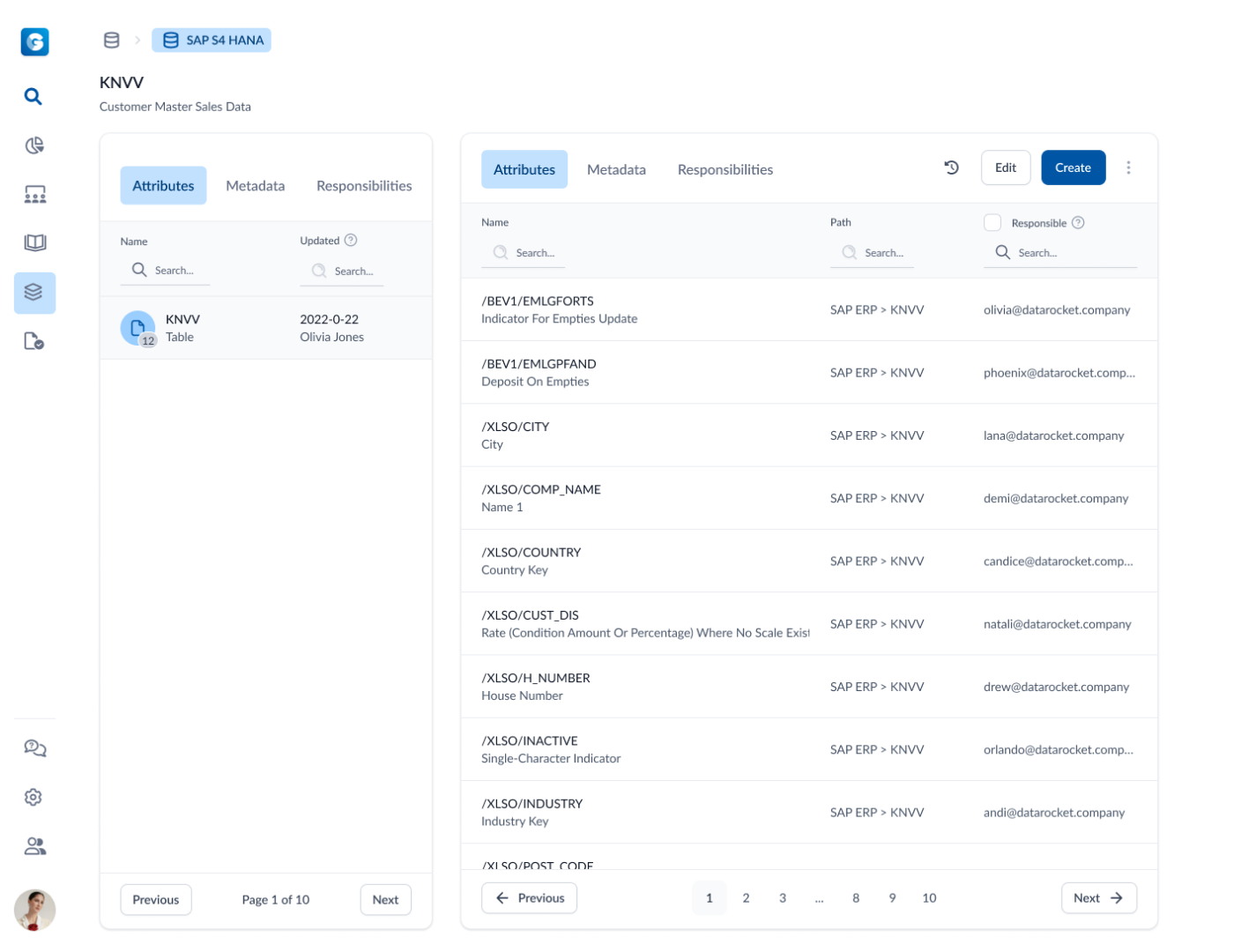 Das Bild zeigt zwei Tabellen nebeneinander in DATAROCKET Guide: in der linken Tabelle sind Systemstrukturen aus einem IT-System dargestellt (SAP Tabellen). In der rechten Tabelle sind alle Felder aus der SAP-Tabelle abgebildet.