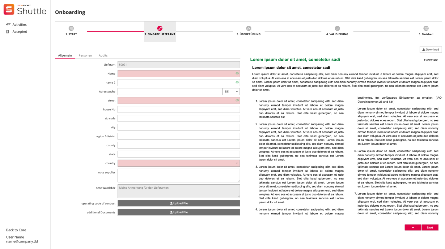 Das Bild zeigt eine Eingabemaske für das Lieferanten-Onboarding. Der Lieferant muss verschiedene Eingabefelder füllen mit Informationen und Zertifikaten.