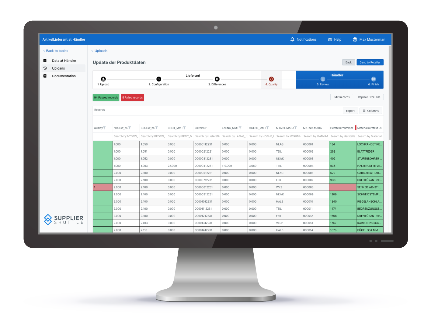Ein Screenshot des Lieferantenportal DATAROCKET Shuttle, dass die angelieferten Produktdaten und die Auswertung von Datenqualitätskriterien zeigt