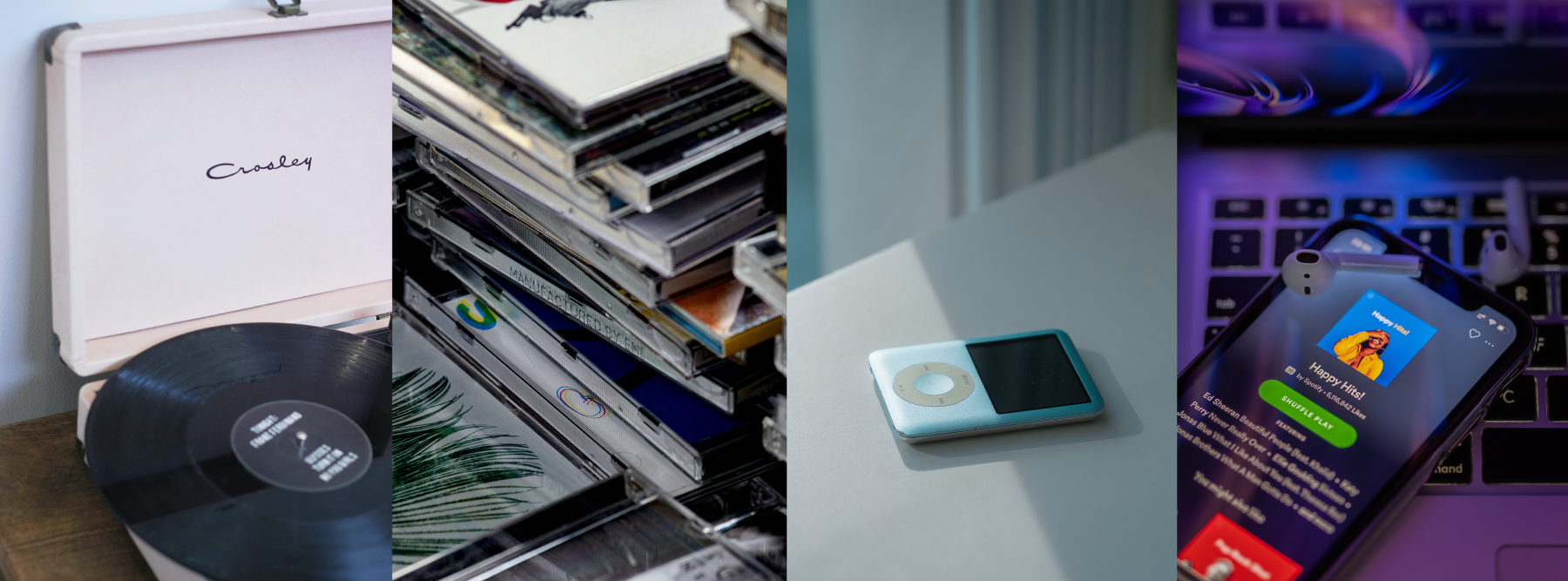 verschiedene Musik-Medien: Schallplatte, CD, iPod, Spotify
